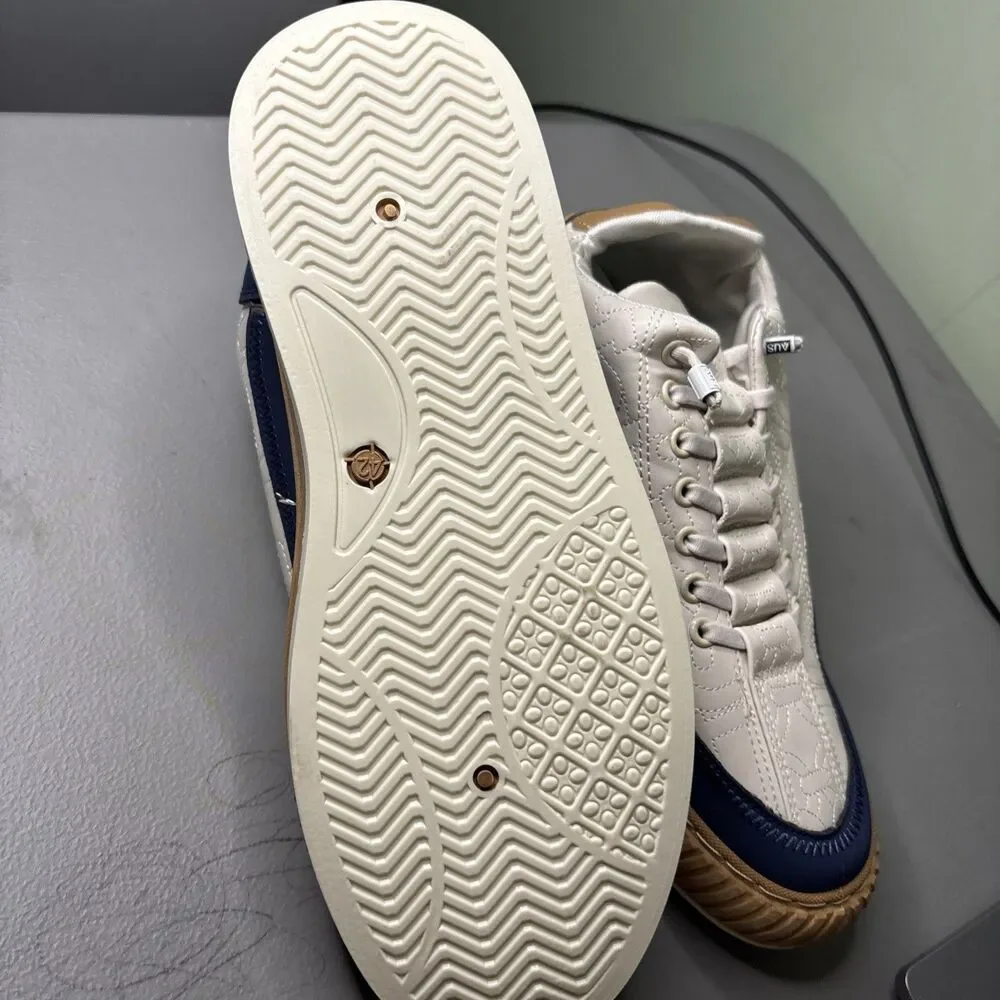 Men's Casual Quilted Leather Sneakers in White, Navy & Gold